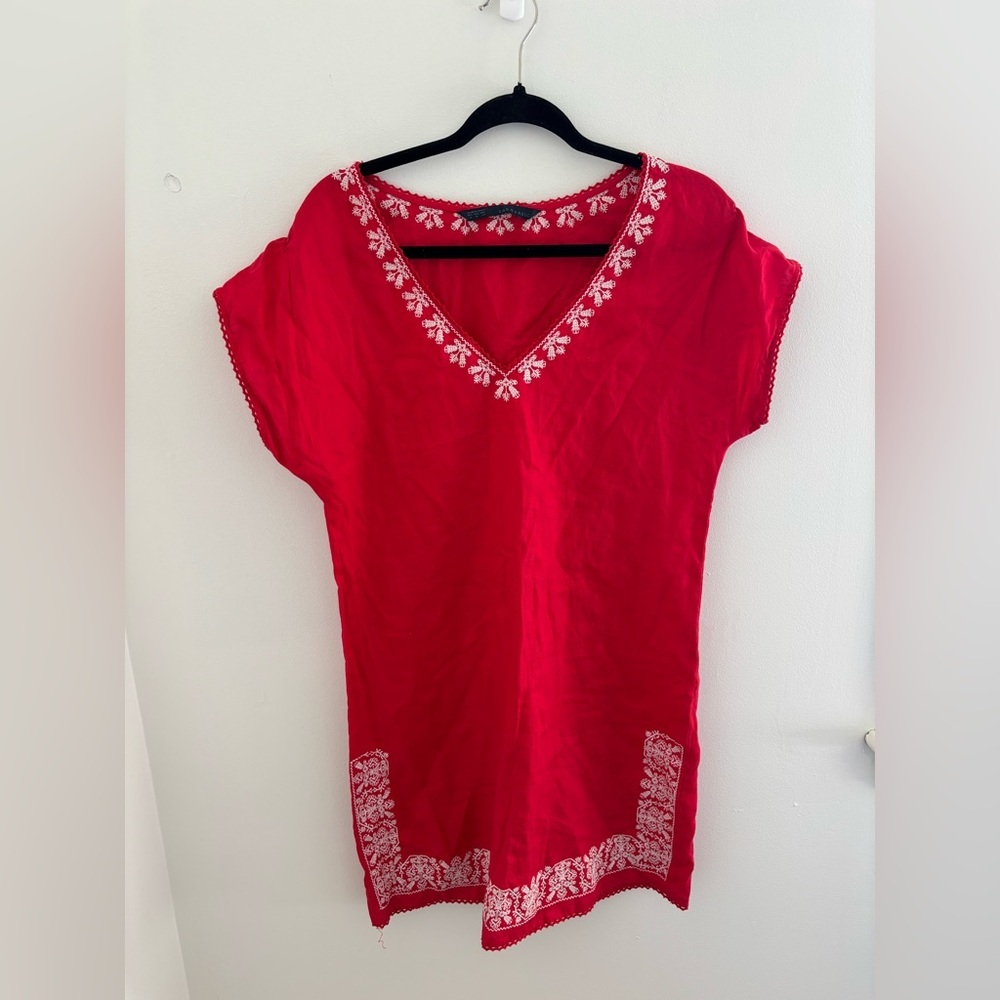 Zara Red Linen Dress with White Embroidered Detailing